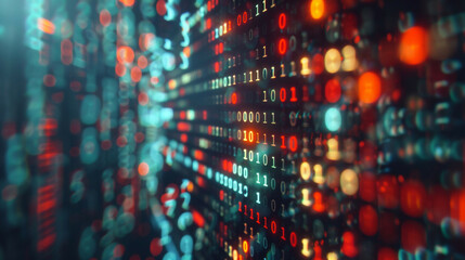Obraz premium Still Life Photo of Binary Code, on a Computer Screen, with Soft Ambient Light, from a Side Angle, Signifying Digital Transformation and Evolution