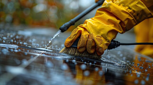 Close-up of a gloved hand cleaning a solar panel with a brush and water, demonstrating renewable energy maintenance in outdoor settings.