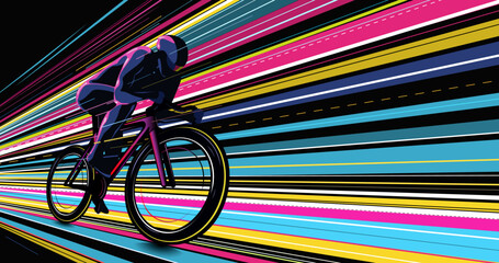 Cycling race competition poster design vector illustration. Cyclist acceleration with colorful motion trails.