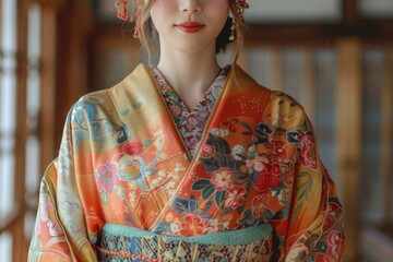 A woman wearing a kimono with traditional Japanese patterns