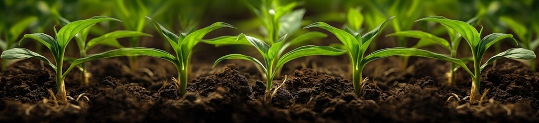 Photo of young Sorghum plants growing in the soil, showing roots and green leaves. The background is blurred to highlight details on each plant. 