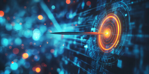 Obraz premium A digital image of a bullseye target surrounded by abstract network patterns, symbolizing precision, focus, and achieving goals in a high-tech environment.