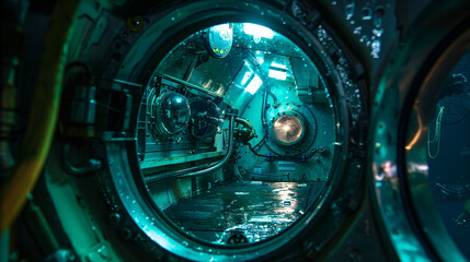 Underwater Photo of AI in Oceanography, in a Research Submarine, with Submerged Lighting, from an Underwater Angle, Exploring AI's Role in Marine Exploration