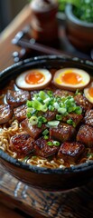 Delicious bowl of ramen with beef cubes, boiled eggs, and green onions, capturing a vibrant and flavorful Japanese cuisine.