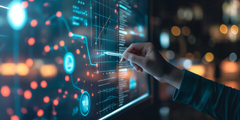 A person uses a stylus to interact with advanced data visualizations on a high-tech digital touch screen display, showcasing graphs, charts, and analytics in a futuristic setting.