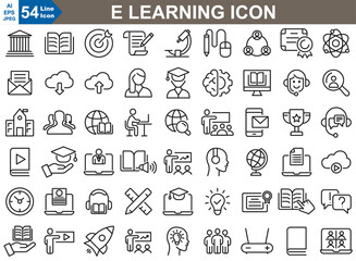 A vector set of E-learning icons in Illustrator, depicting online education elements like virtual classrooms, e-books, courses, webinars, and interactive tools.