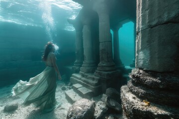 a woman in a dress standing in front of a sunken temple underwater