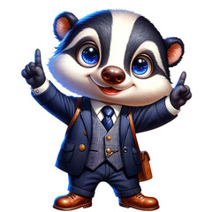 Adorable cartoon badger dressed in a professional business suit, enthusiastically pointing up with both hands.
