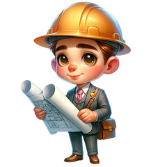 Cartoon illustration of a cute engineer in a suit, holding blueprints, wearing a hard hat, and smiling. Perfect for construction and engineering themes.