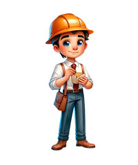 Cartoon engineer character wearing a hard hat, holding a clipboard and pen, dressed in business attire. Ideal for industrial or construction themes.
