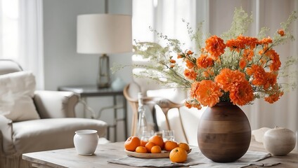 vase of orange flowers sits on a wooden table