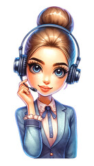 Cartoon illustration of a professional woman in a headset providing customer support. She wears a blazer and has her hair in a bun.