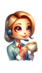 Cute cartoon businesswoman with a headset, enjoying coffee, in office attire and cheerful expression. Perfect for customer support themes.