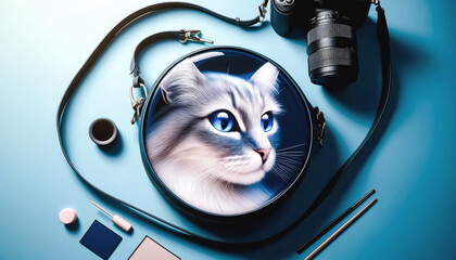 A round bag with a realistic cat face design sits among photography equipment and cosmetics on a blue background, blending fashion, art, and technology.