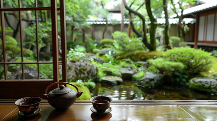 A traditional Japanese tea ceremony in a serene garden