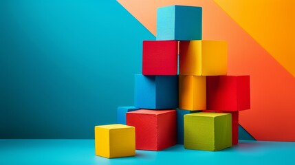 Fototapeta premium Vibrant 3D Block Stack: Playful and Colorful Geometry in Dynamic Photography