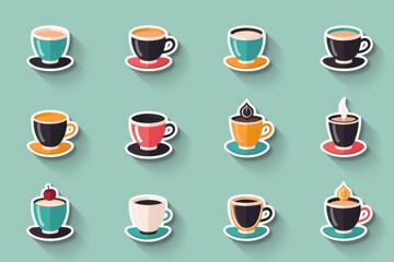 Fototapeta premium Artistic Coffee Cup Patterns on a Teal Background, Perfect for Coffee Lovers