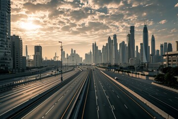 Fototapeta premium Empty highways and urban skylines, A photo of Empty asphalt road and modern city, AI generated