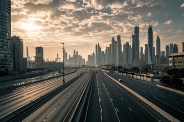 Empty highways and urban skylines, A photo of Empty asphalt road and modern city, AI generated