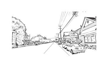 Print Building view with landmark of Santa Rasa is the city in California. Hand drawn sketch illustration in vector.