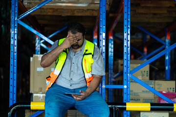 A man in a safety vest sits on the floor of a warehouse, looking down