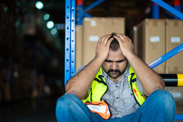 A man in a safety vest sits on the floor of a warehouse, looking down and shaking his head