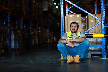 A man in a safety vest sits on the floor in a warehouse. He looks sad and defeated
