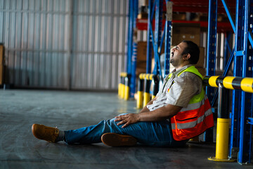 A man in a safety vest is laying on the ground in a warehouse. He is laughing and he is in pain