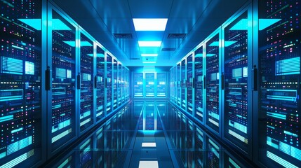 Fototapeta premium Futuristic Server Room with Blue LED Lighting in Data Center