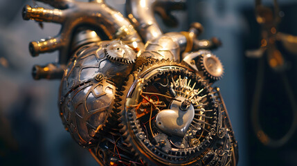 Mechanical Heart: Intricate Gears and Wires Pulse with Faint Light, Blurring Machine and Humanity