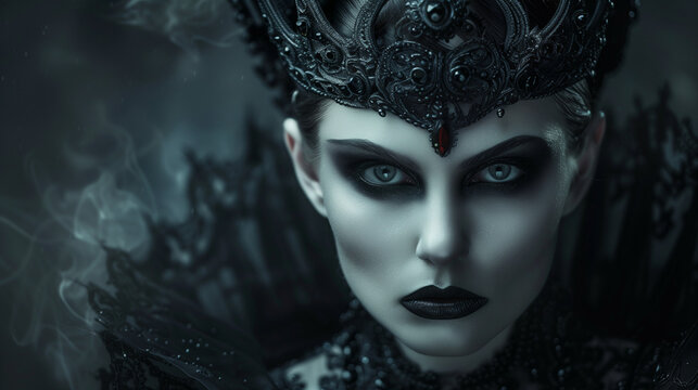 fantasy scary evil queen of the dark wearing crown with dark eyes looking at camera