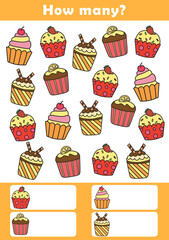 Counting children game cartoon. I spy game for toddlers. Find and count the cupcakes worksheet. Counting educational activity for children and kids.