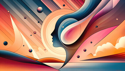  A profile of a woman's face intertwined with flowing shapes and vibrant hues, creates a surreal and dynamic visual experience.