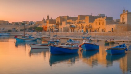 Fototapeta premium harbor at sunset with boats docked in the calm water
