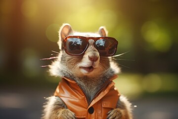Funny fashion squirrel wearing sunglasses.