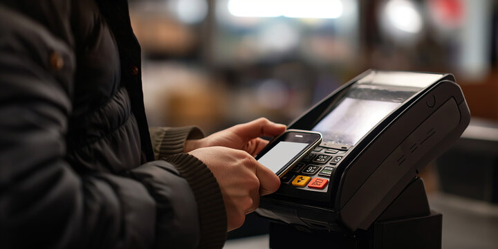 Close-up image of a person making a contactless payment using a smartphone on a payment terminal, with the background slightly blurred to focus on the transaction, conveying digital fluidity.