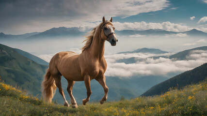  Nature landscape with wild horse. Wild horss in nature landscape. Mountain landscape. Mountain horse in nature ambient on a sunny day.