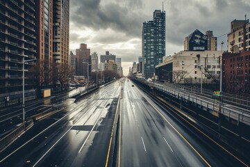 Fototapeta premium Empty highways skylines, A photo of an Empty asphalt road and a modern city, AI generated