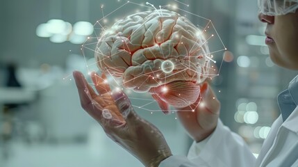 An animated scene of a virtual human brain with highlighted regions and text labels, being explained by a professional in a lab coat