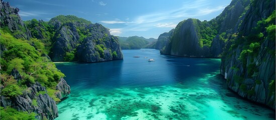 Mountain Cascade meets Forest Flow amidst a Tropical Oasis by the Sea, Ai generate