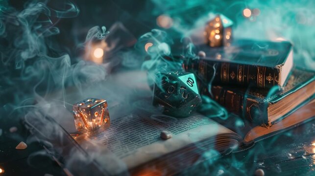 The image features a collection of tabletop gaming elements, including several polyhedral dice with a focus on a 20-sided die, arranged amidst a backdrop of open vintage hardcover books and flickering