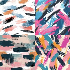 The image shows four separate abstract artworks, each with a unique combination of brush strokes and color palettes. The top left quadrant features broad brush strokes in shades of blue, orange, pink,