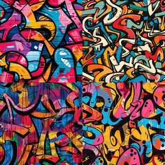 Naklejka premium The image is divided into four equal quadrants, each featuring a different colorful graffiti-style artwork. The artworks consist of a vibrant mix of abstract shapes, curved lines, and letter-like symb