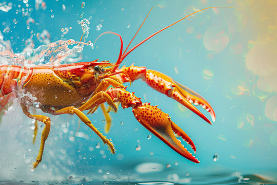 Crawfish or lobster in water splash on blue background with space for text or inscriptions, seafood
