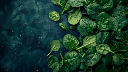 fresh organic spinach leaves on rustic wooden table - healthy green food background for vegan and vegetarian diets