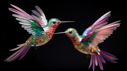 Fototapeta premium Paper art hummingbirds in flight on a black background