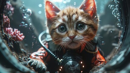 An underwater world where cats in scuba gear discover treasure and coral reefs, adding adventure to International Cat Day