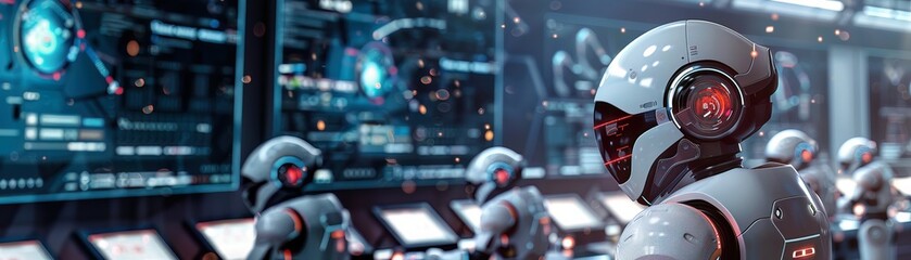 Autonomous robots collaborating in an AI research lab, screens displaying complex algorithms, a sense of futuristic innovation