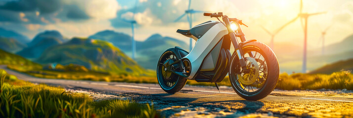 Electric bike driving green forest road, elevated road surrounds natural forest meadows windmills wind power plants. Concept using electric motorbike protect environment transportation