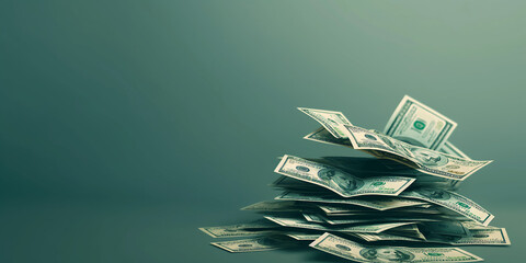 A scattered pile of dollar bills randomly arranged on a green surface, representing financial abundance, wealth, economic power, and lack of organization in monetary gain.
